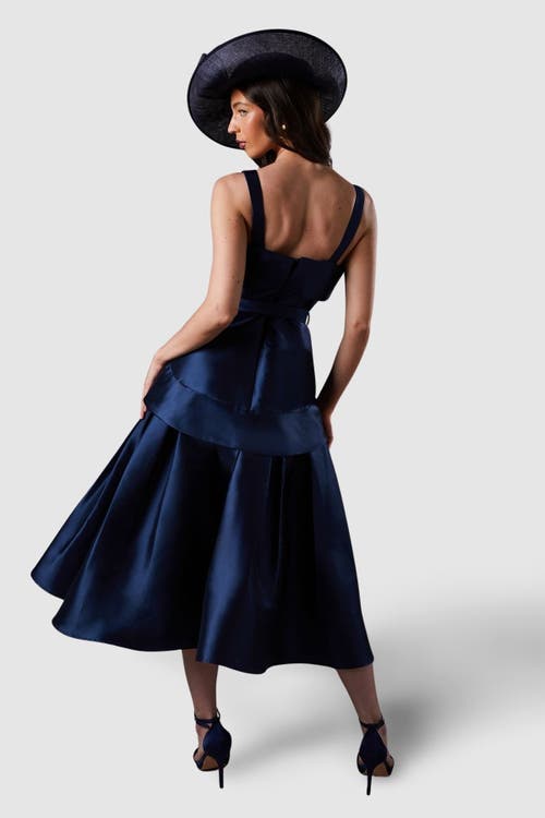 Coast Lisa Tan Twill Volume Belted Midi Dress In Blue