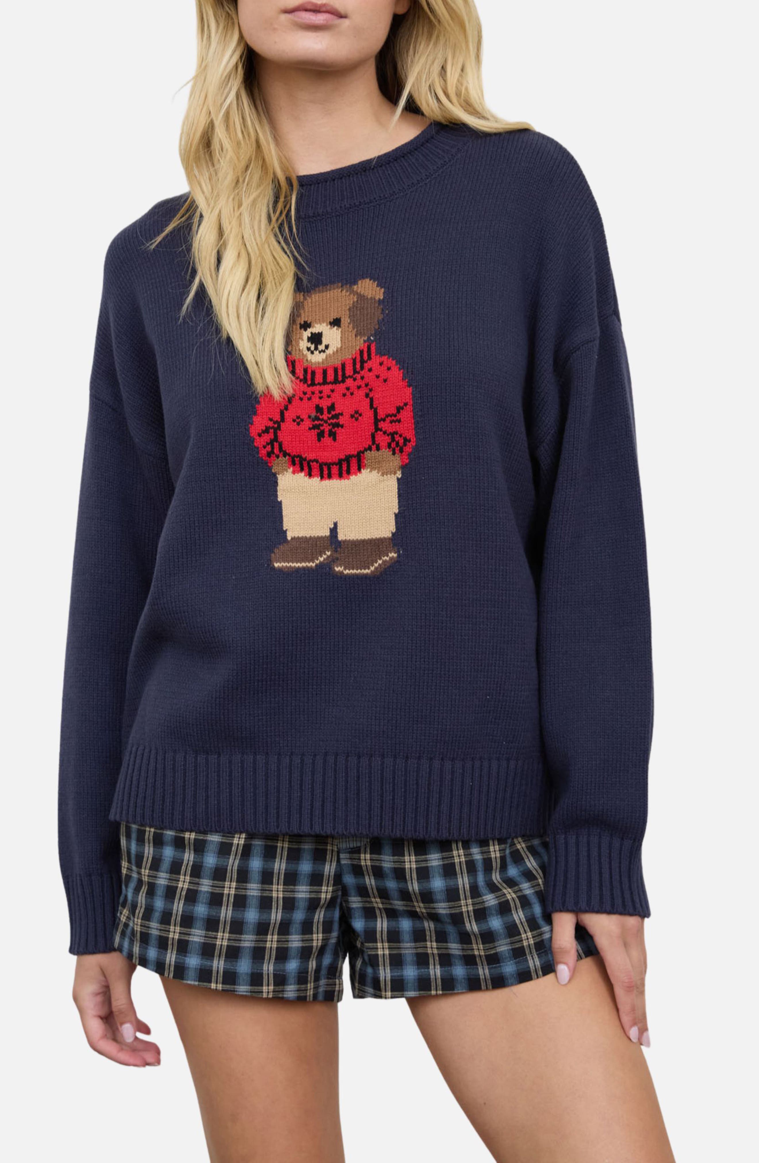 J.O.A. Teddy Bear Crewneck Sweater (Women) | Nordstrom