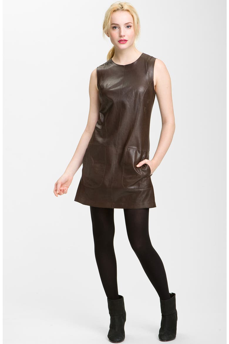 Leather Shift Dress, Main, color, DARK BROWN