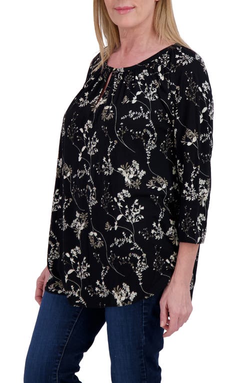 Lucky Brand Floral Raglan Sleeve Top In Jet Black