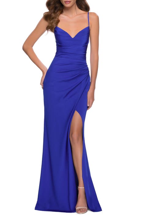 Ruched Jersey Gown with Intricate Lace Up Back