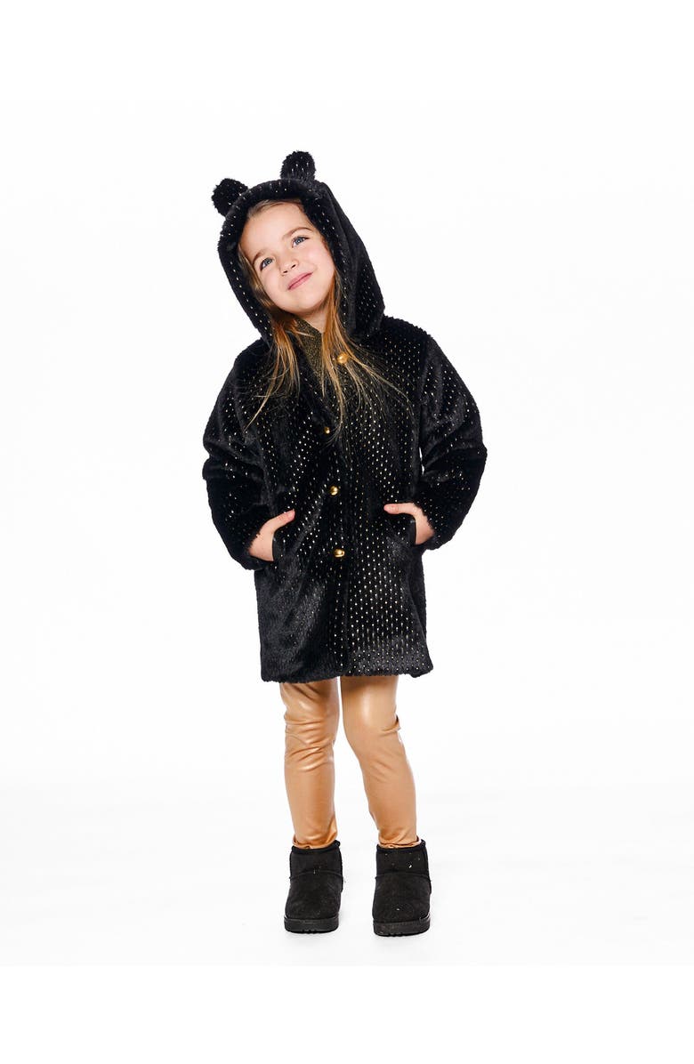 Deux par Deux Bear Faux Fur Coat with Gold Polka Dots, Main, color, Black
