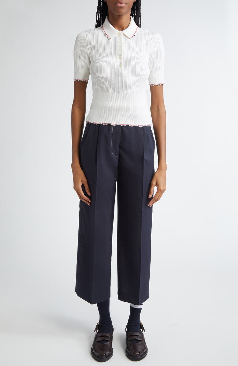 Thom Browne Tuck Scallop Trim Silk & Cotton Pointelle Stitch Polo, Alternate, color, White