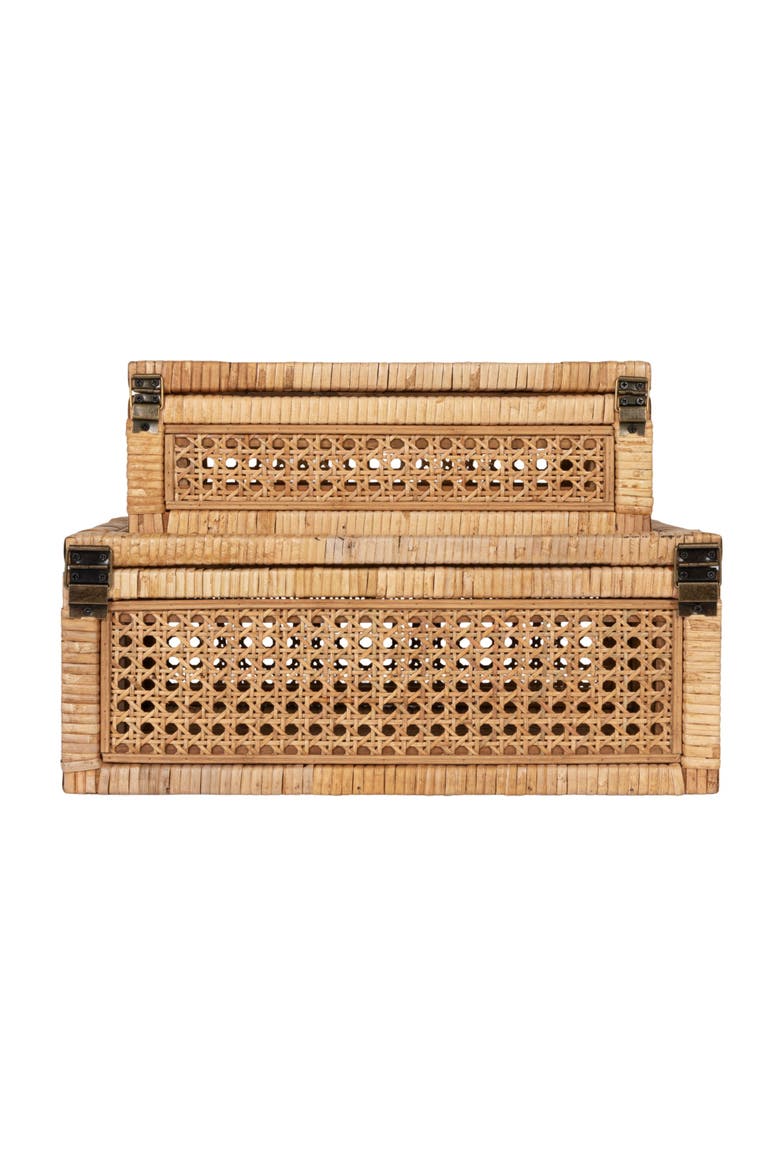 Woven Rattan and Wood Display Boxes with Glass Lids, Natural and Clear, Set of 2, Alternate, color, Natural