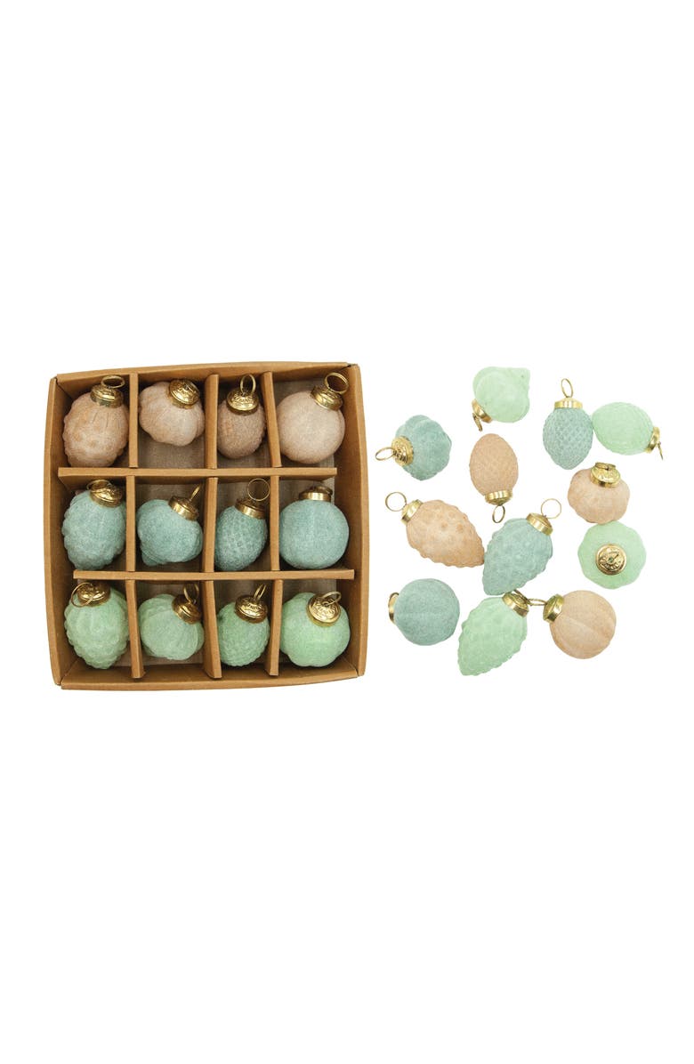 Storied Home 12-Piece Flocked Pastel Glass Ornament Set, Blue, Mint and Peach Color, Main, color, 
