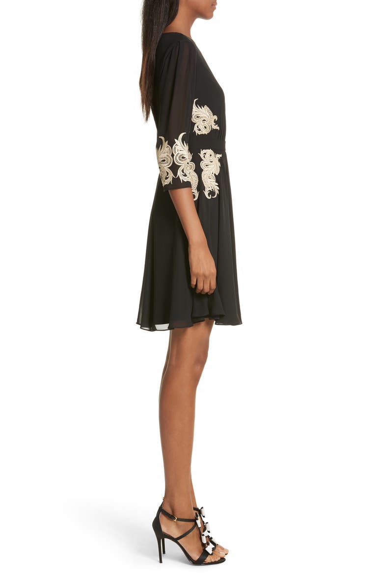 Gaenor Embroidered Fit & Flare Dress, Alternate, color, BLACK