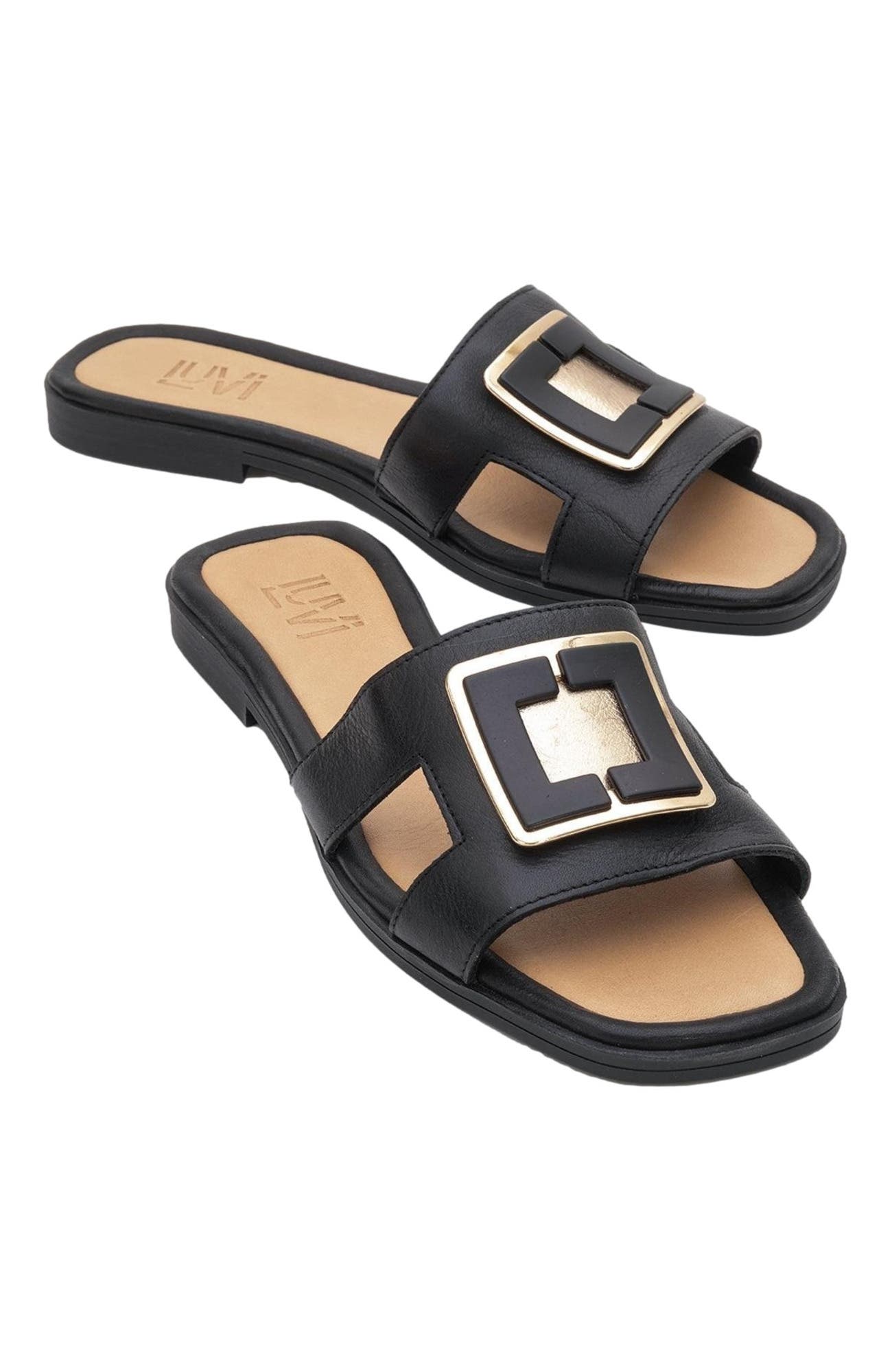 Forever & Always Shoes MILLIE Leather Buckle Slide, Alternate, color, Black Leather