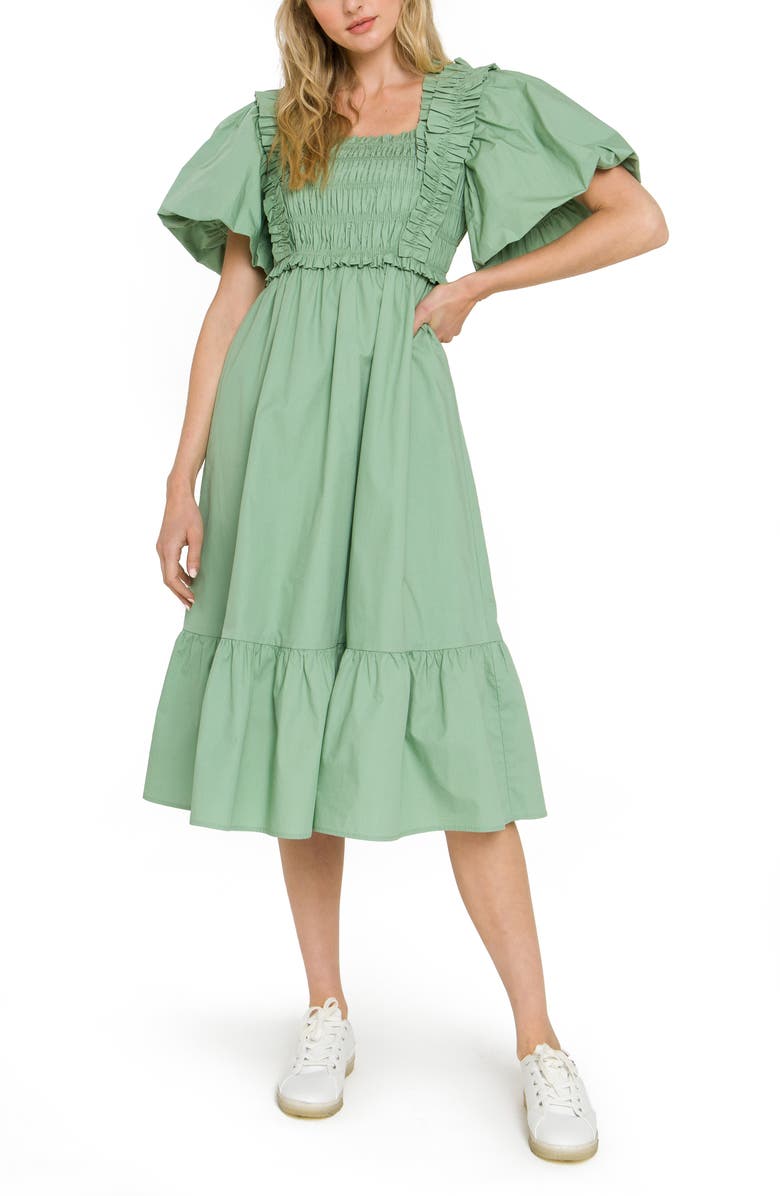 English Factory Ruffle Smocked Cotton Dress, Main, color, Green
