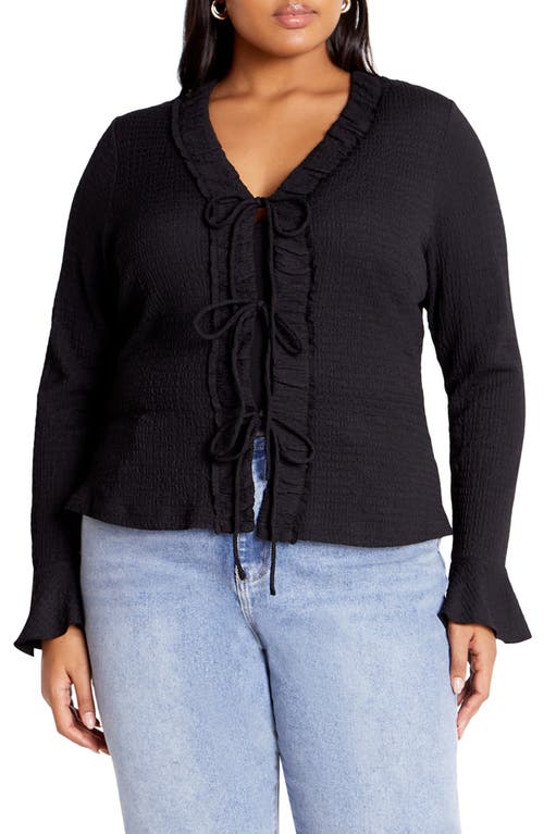 City Chic Charmaine Tie Front Long Sleeve Top In Black