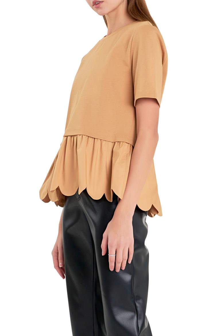 Mixed Media Scallop Peplum Cotton Top, Alternate, color, TAN