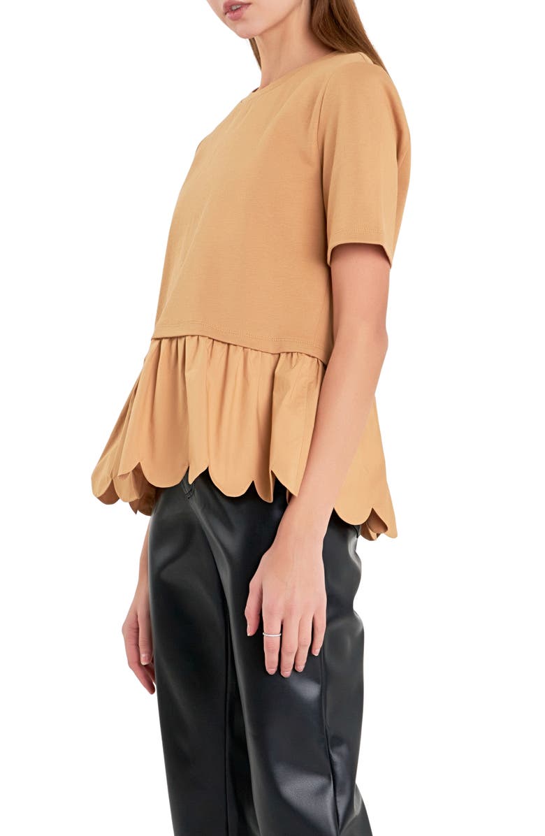English Factory Mixed Media Scallop Peplum Cotton Top, Alternate, color, Tan