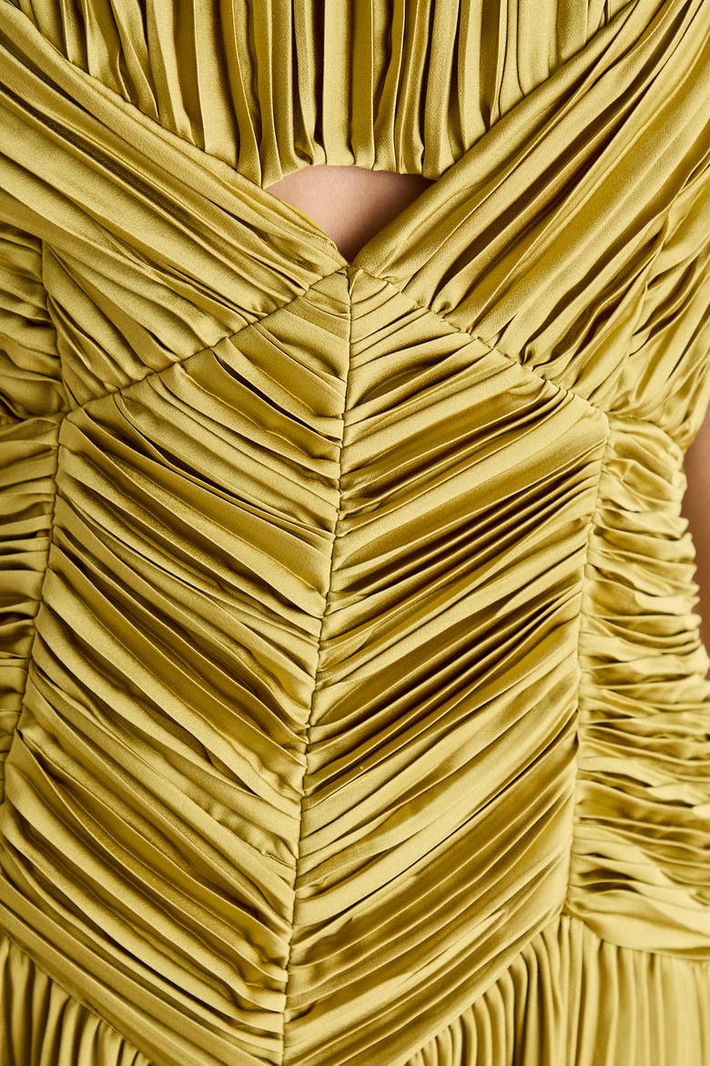 Pleated Peplum Strappy Satin Dress, Alternate, color, Olive