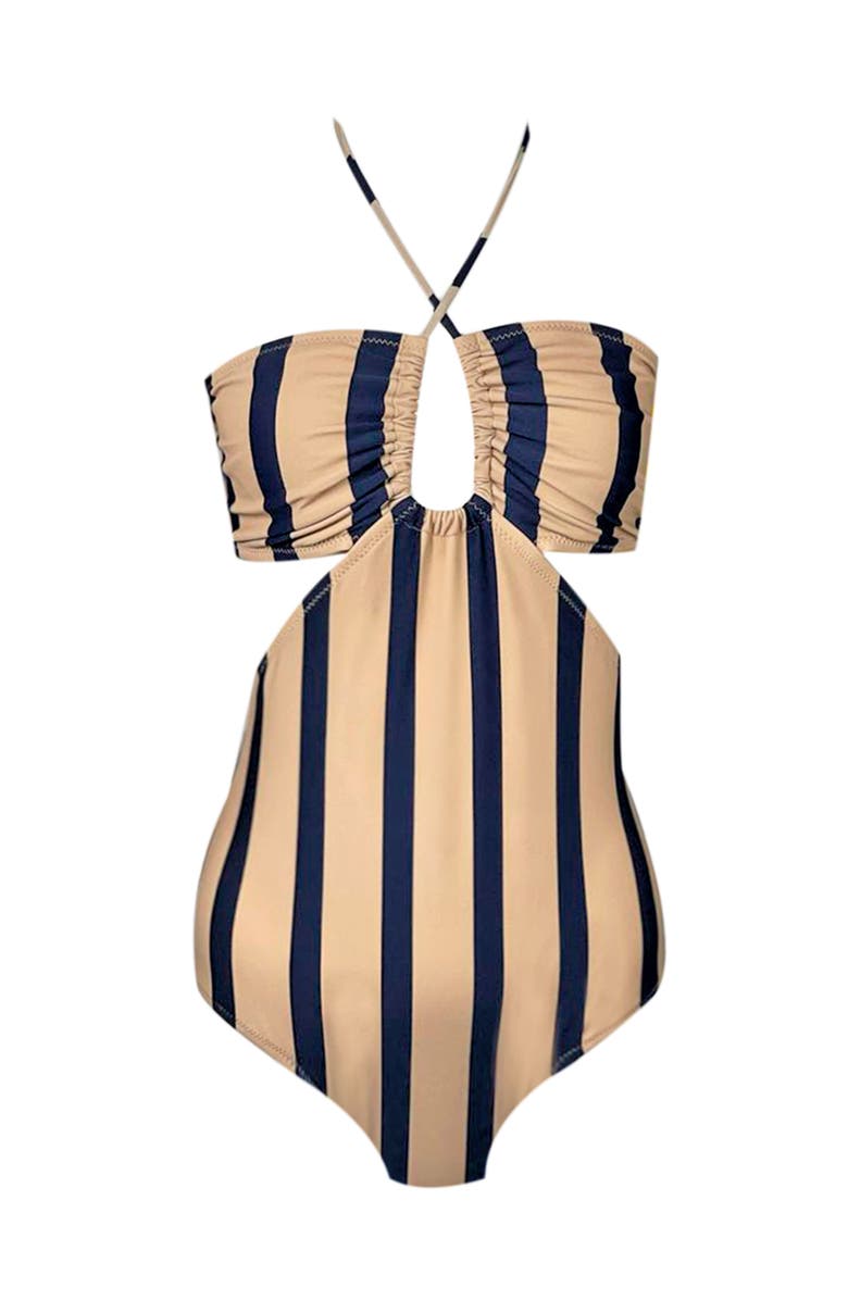 NESSI BYRD Kids' Striped Halter Neck One-Piece Swimsuit, Main, color, Beige-Blue