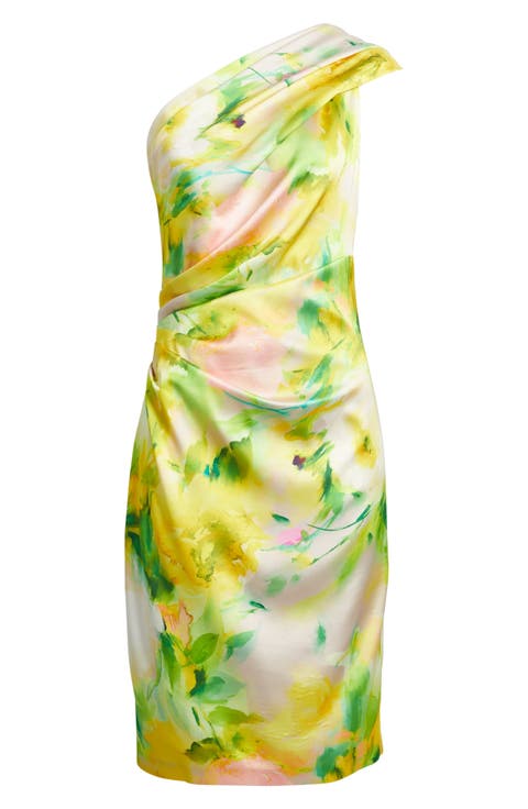 Abstract Floral One-Shoulder Satin Cocktail Sheath Dress