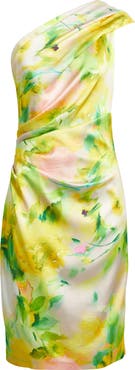 Eliza J Abstract Floral One-Shoulder Satin Cocktail Sheath Dress