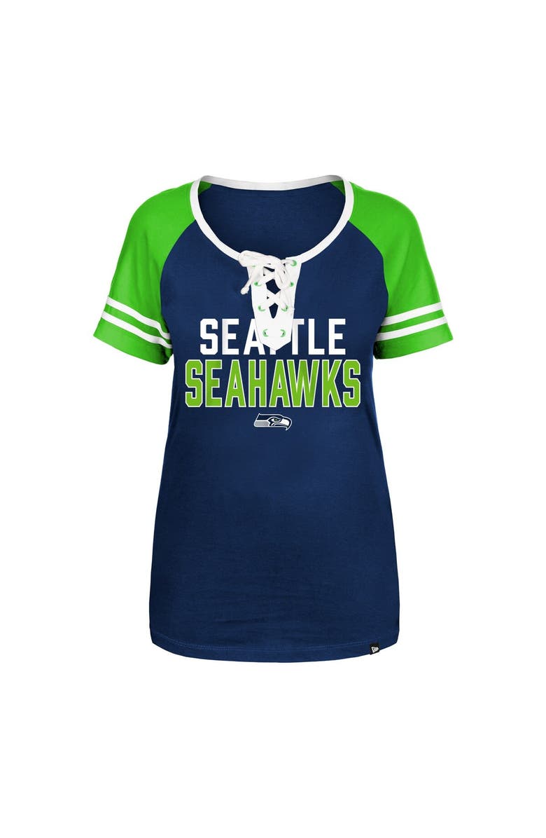 New Era Women's New Era College Navy Seattle Seahawks Raglan Lace-Up T-Shirt, Alternate, color, 