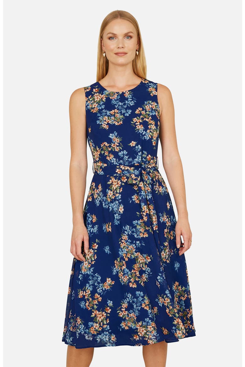 Floral Skater Sleeveless Midi Dress, Alternate, color, Blue