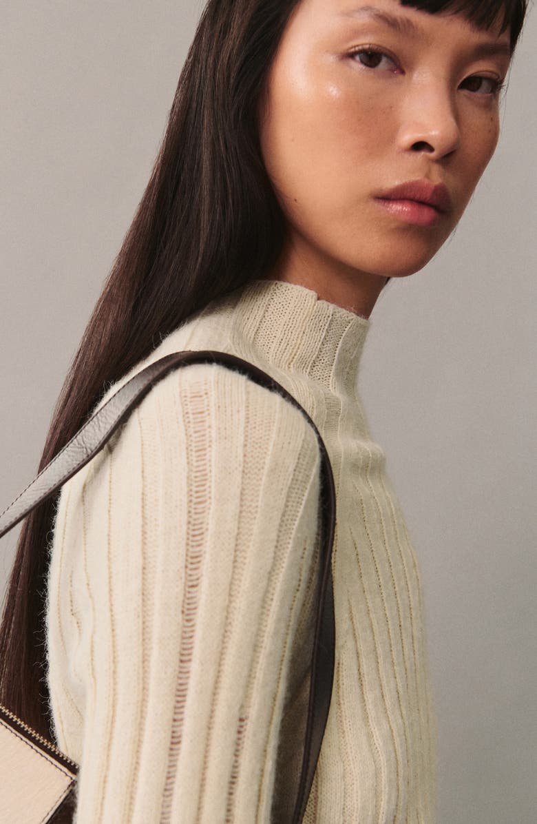 MANGO Mock Neck Bell Sleeve Rib Sweater, Alternate, color, Ecru