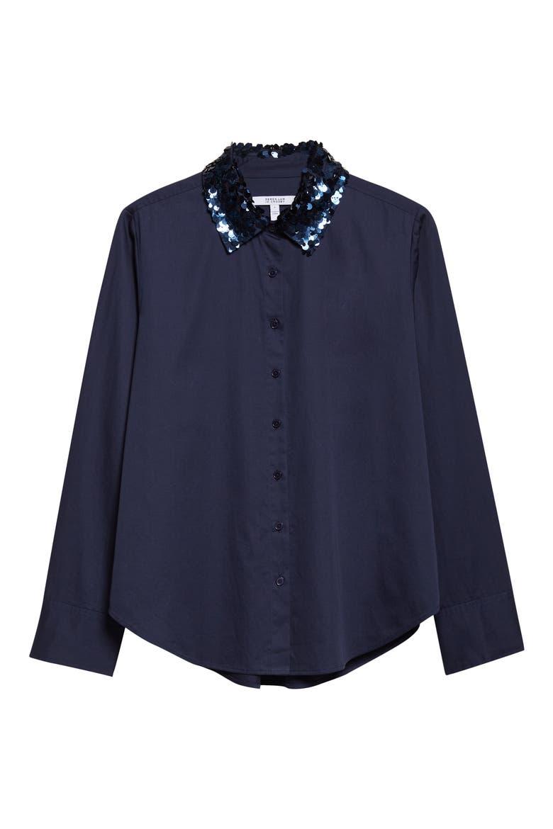 Alina Sequin Collar Cotton Button-Up Shirt, Alternate, color, NAVY