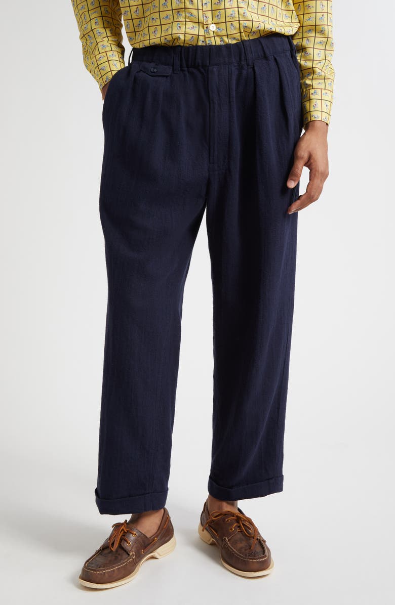 BEAMS Pleated Linen & Cotton Elastic Waist Pants, Main, color, 79 Navy