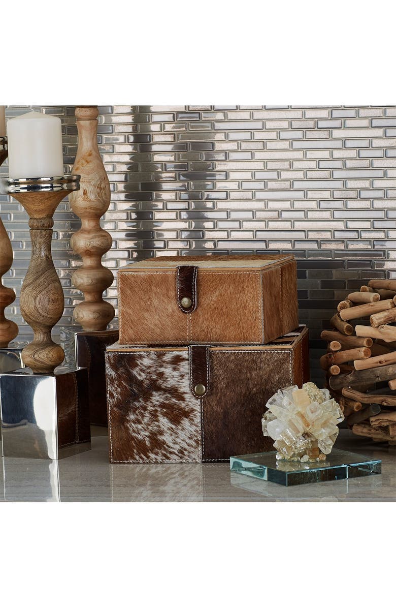 SONOMA SAGE HOME Brown Leather & Genuine Calf Hair Handmade Box with Hinged Lid - Set of 2, Alternate, color,