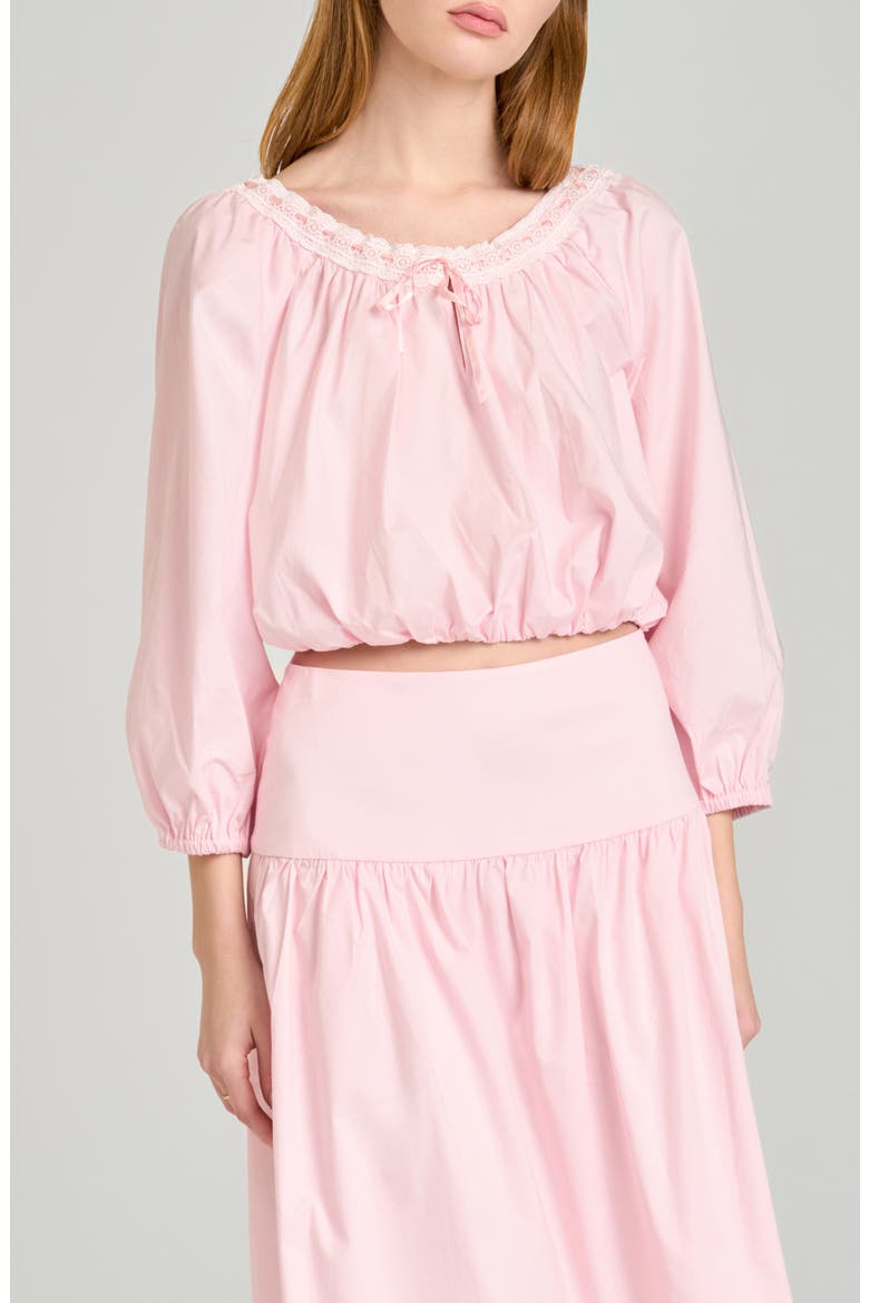 Mia Boho Lace Trim Gathered Stretch Cotton Top, Main, color, LIGHT PINK