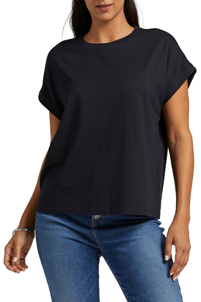 Drapey Cuff Cotton & Modal T-Shirt, Main, color, BLACK