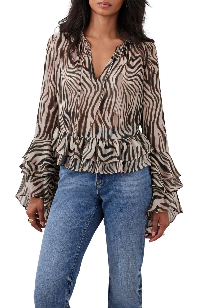 MINT VELVET Zebra Print Ruffle Top, Main, color, Black