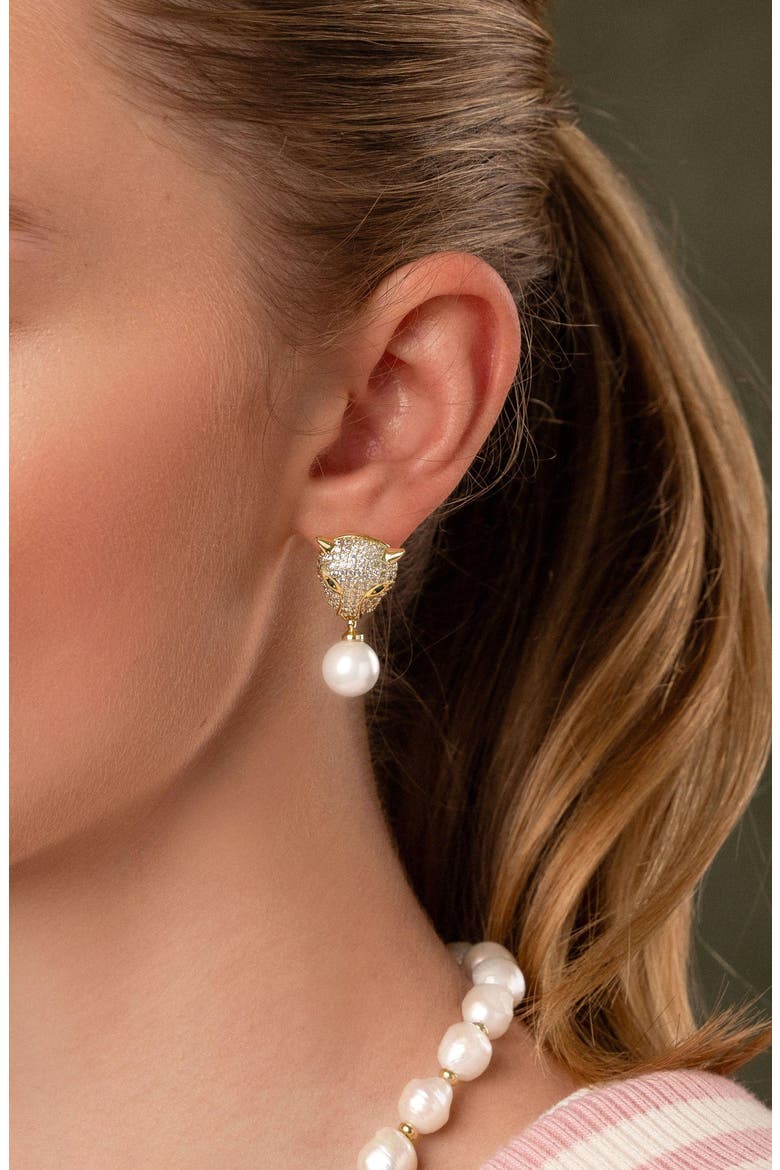 Panther Pearl Drop Earrings, Alternate, color, Gold / White
