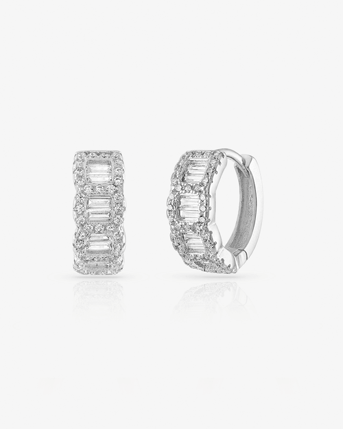 Ben Oni Pave And Baguette Cubic Zirconia Huggie Hoop Earrings In Silver