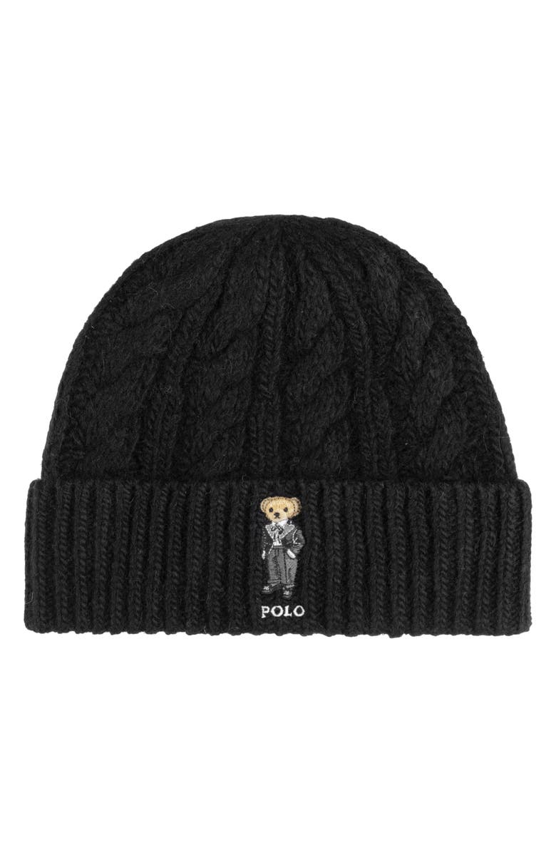 Polo Ralph Lauren Tux Bear Cable Merino Wool, Alpaca & Linen Beanie, Main, color, Black