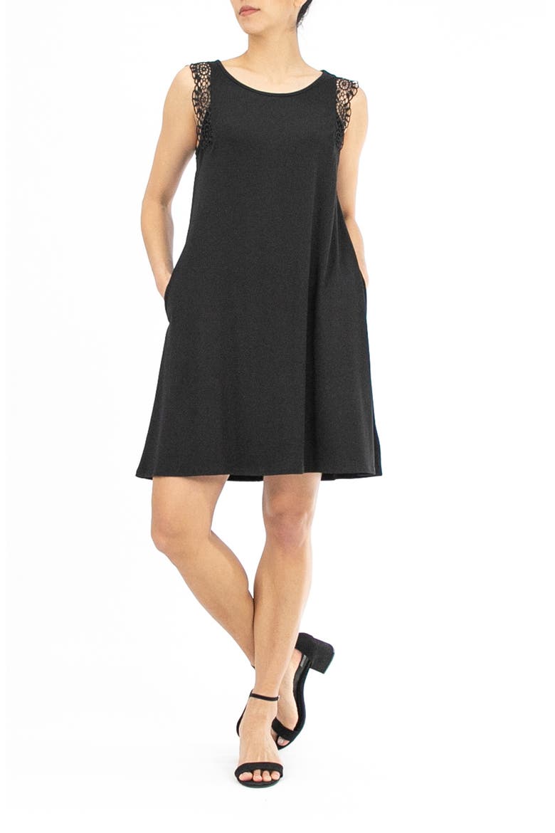 Lace Trim Sleeveless Trapeze Dress, Main, color, BLACK