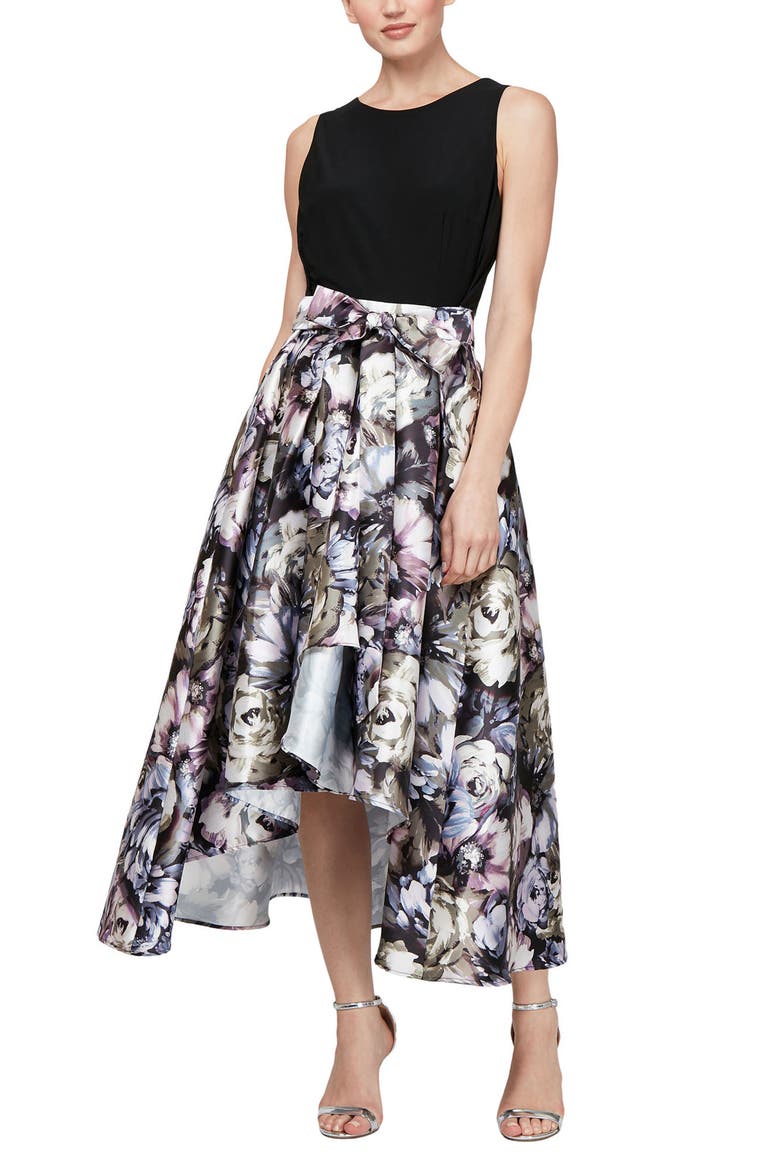 Jewel Neck Solid Top Floral Print Skirt Sheath Cocktail Dress, Main, color, PML