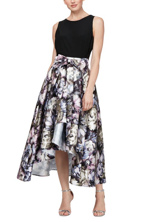 Jewel Neck Solid Top Floral Print Skirt Sheath Cocktail Dress