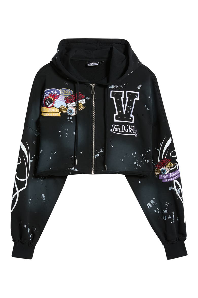 Full Zip Cropped Hoodie, Alternate, color, JET BLACK SPRAY WASH