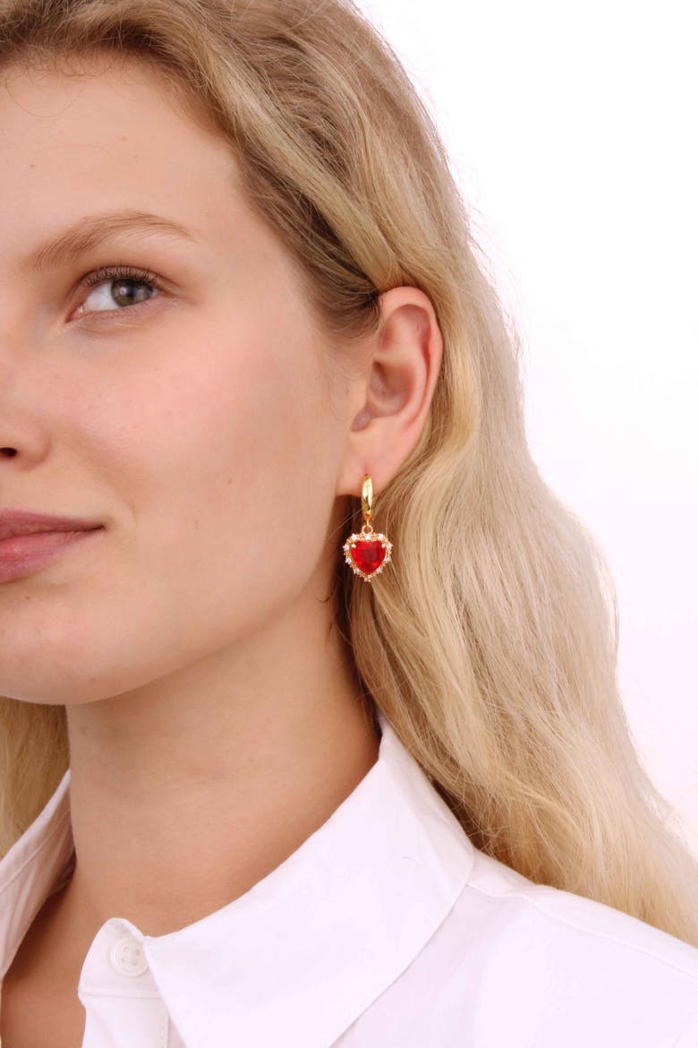 Earrings With Red Heart Pendant, Alternate, color, Gold