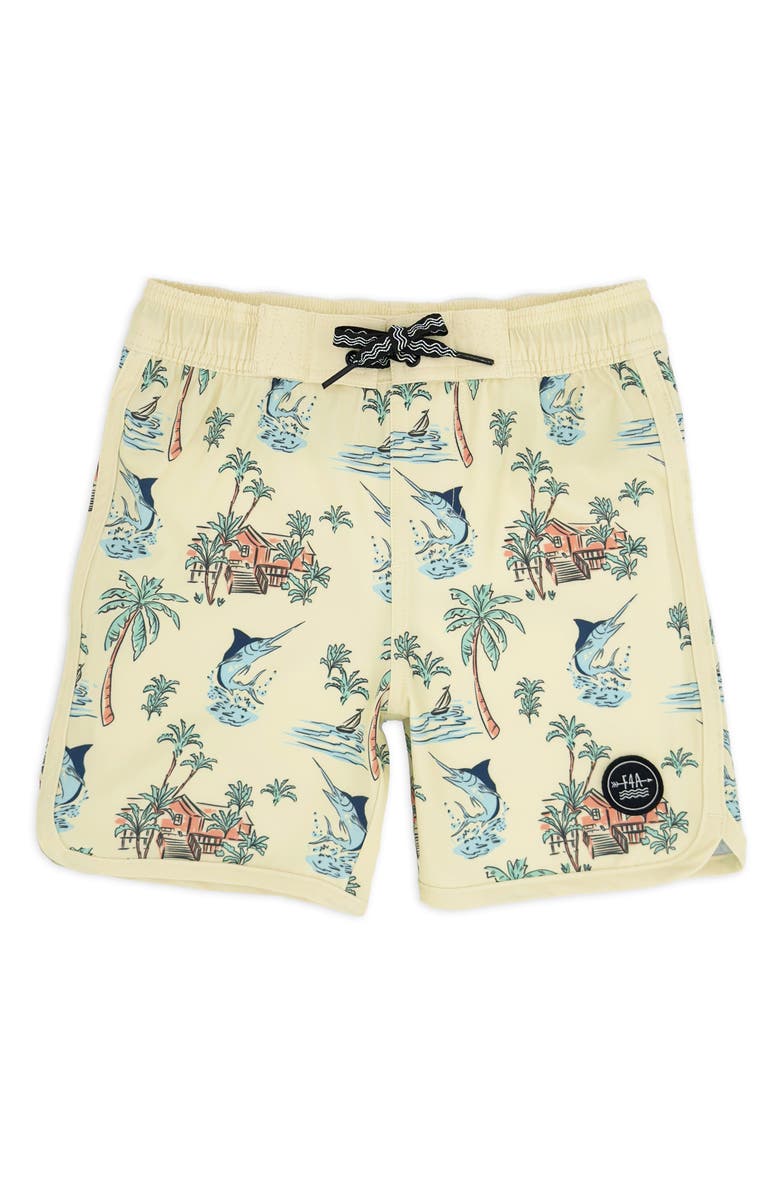Feather 4 Arrow Kids' Sun Glow Scallop Board Shorts, Main, color, 