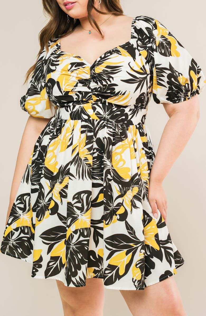 FLYING TOMATO Ruched Puff Sleeve Minidress, Alternate, color, Black