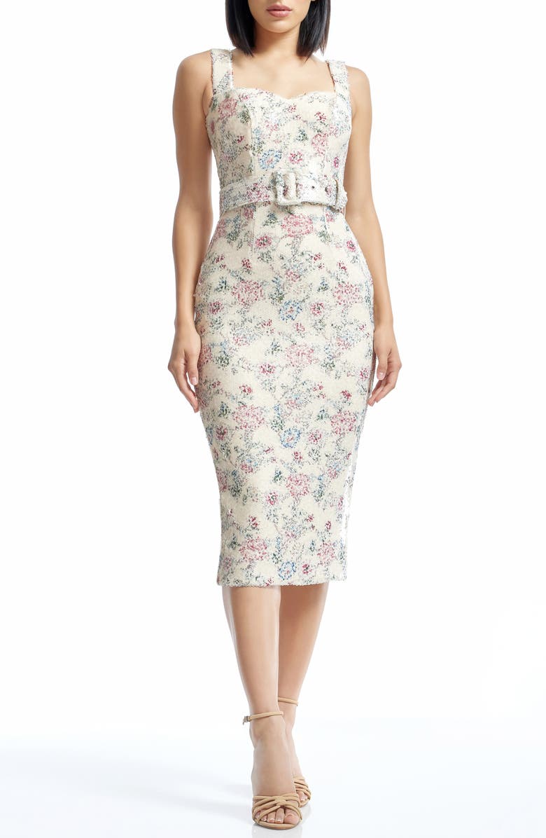 Dress the Population Nicole Sequin Floral Tweed Sheath Dress, Main, color, Cream Multi
