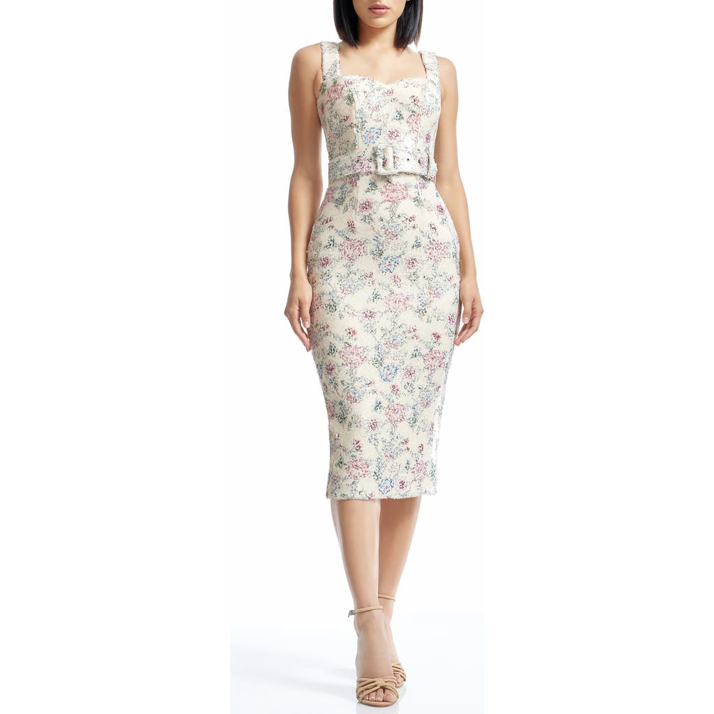 Dress The Population Nicole Sequin Floral Tweed Sheath Dress In Multi