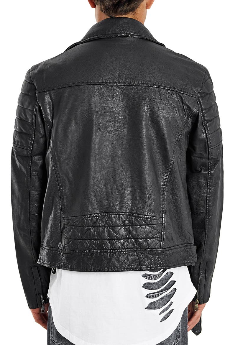 Washed Leather Moto Jacket with Waist Belt, Alternate, color, BLACK