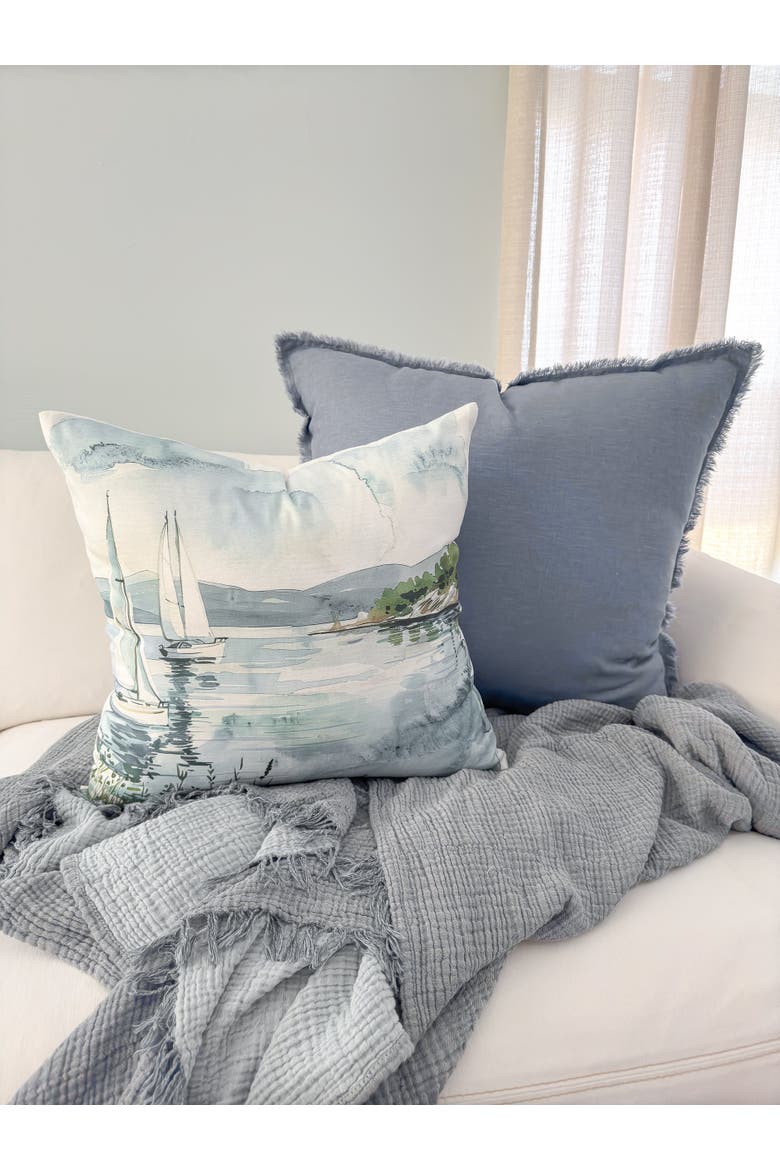 Soft Fringe Linen Pillow with Down Insert, Alternate, color, Chambray Blue