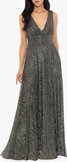 Metallic Plunge Neck Crinkle Gown
