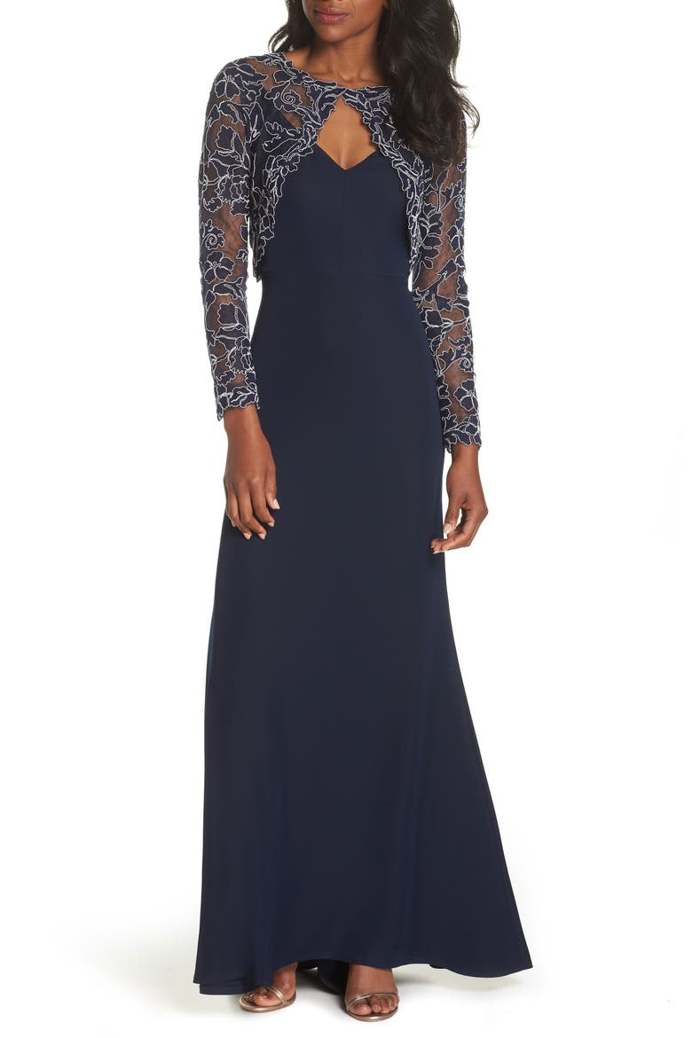Crepe & Embroidered Lace Gown, Main, color, NAVY/ IVORY