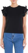English Factory Mixed Media Ruffle Sleeve Top