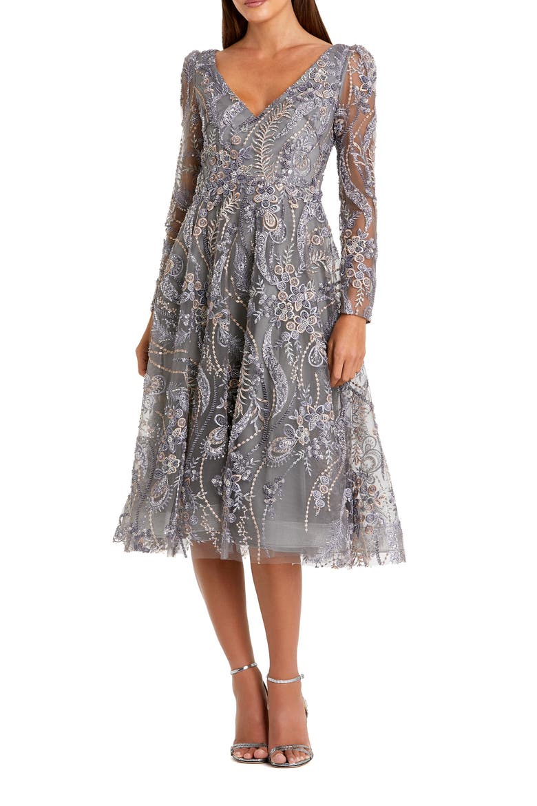 Women's Floral Embroidered Long Sleeve V Neck Midi Dress, Main, color, Charcoal