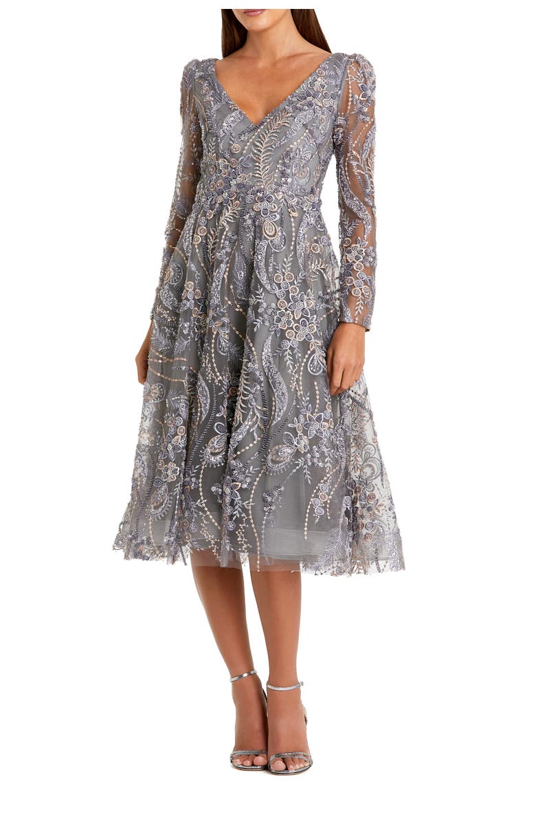 Mac Duggal Women's Floral Embroidered Long Sleeve V Neck Midi Dress, Main, color, Charcoal