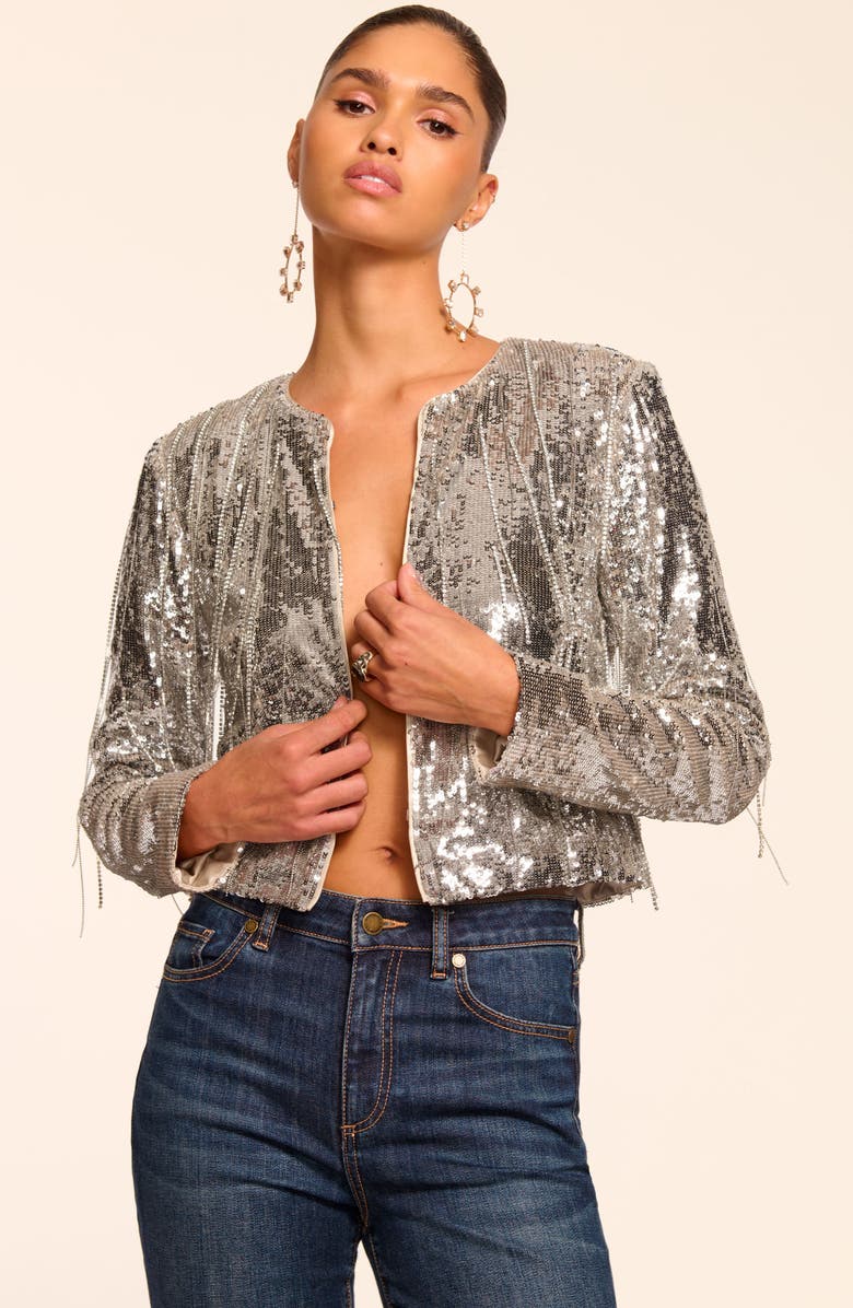 Ramy Brook Sapphire Sequin Fringe Crop Jacket, Alternate, color, Platinum Sequin Fringe