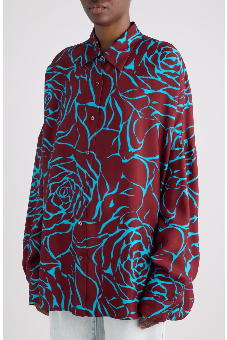 Casia Giant Couture Rose Print Satin Button-Up Shirt, Alternate, color, BURGUNDY