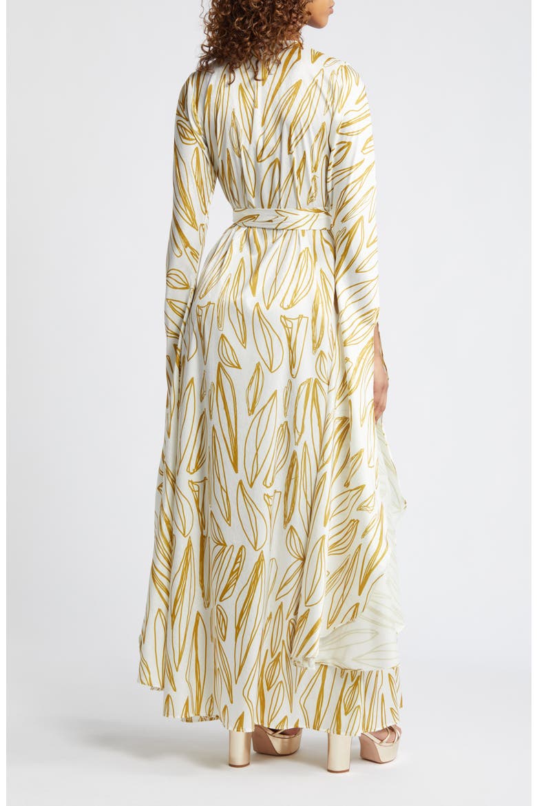 Maya Exaggerated Long Sleeve Fiore Print Jacquard Wrap Dress, Alternate, color, GOLD